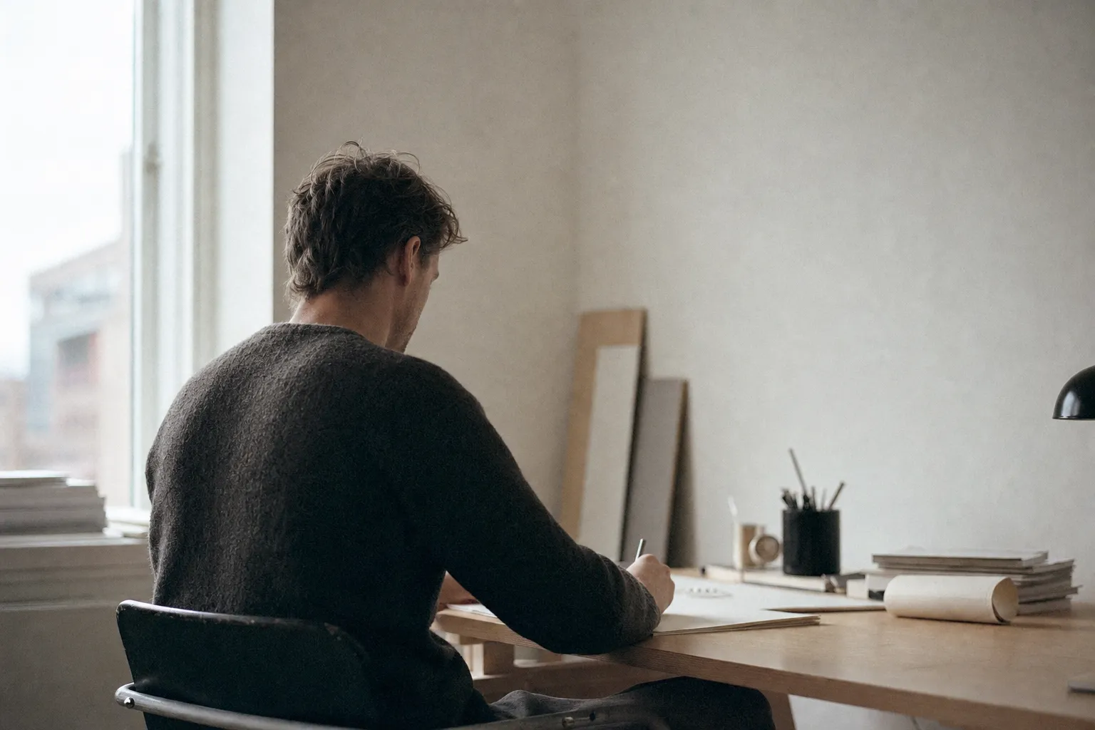 A person working alone at a desk in soft daylight