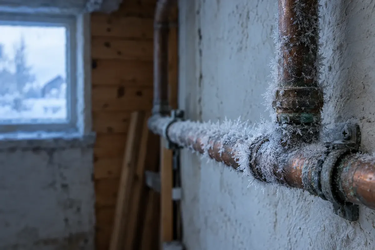 Frost on a copper water pipe along a basement wall